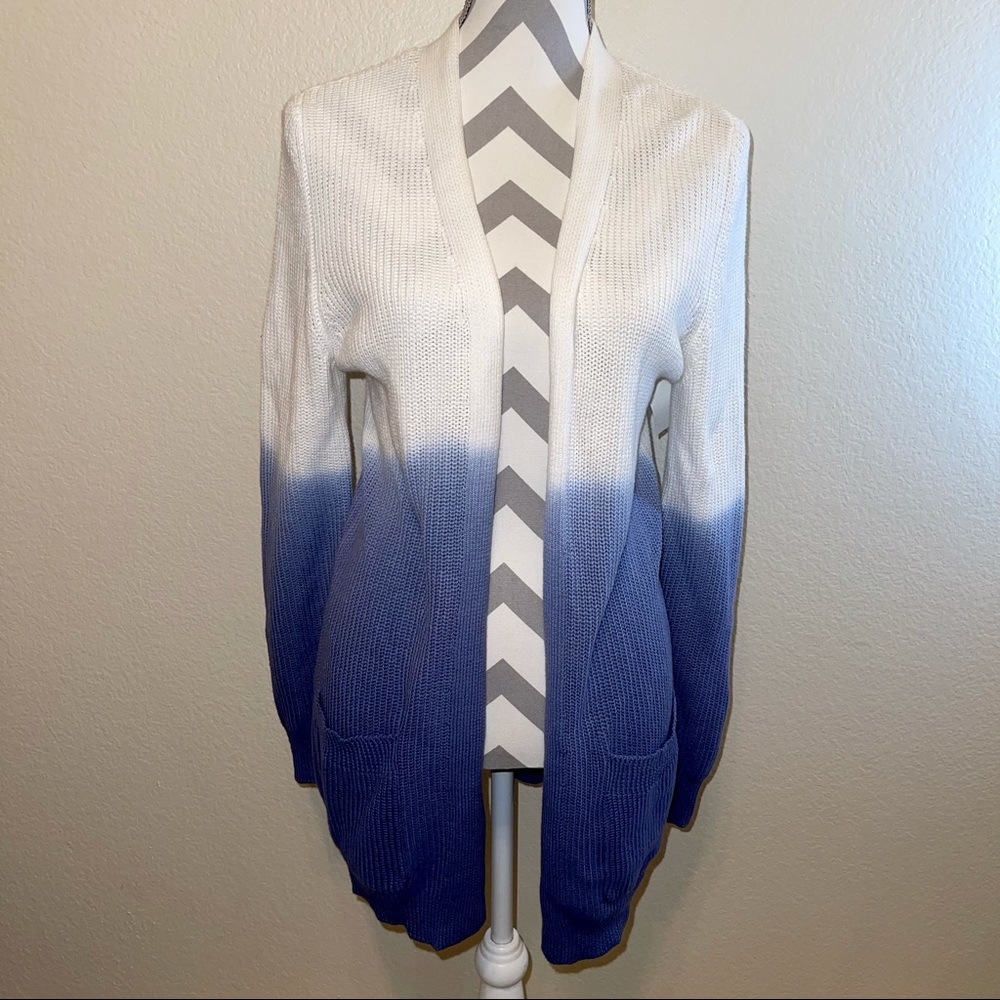 Love Ellie Rane White Blue Ombré Double Pocket Open Long Cardigan Small
